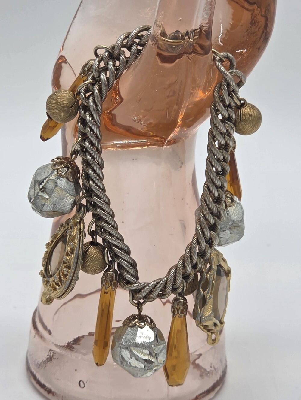 Vintage Amber and Silver Charm Bracelet